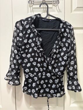 Abercrombie & Fitch Black Floral Wrap-Style Blouse